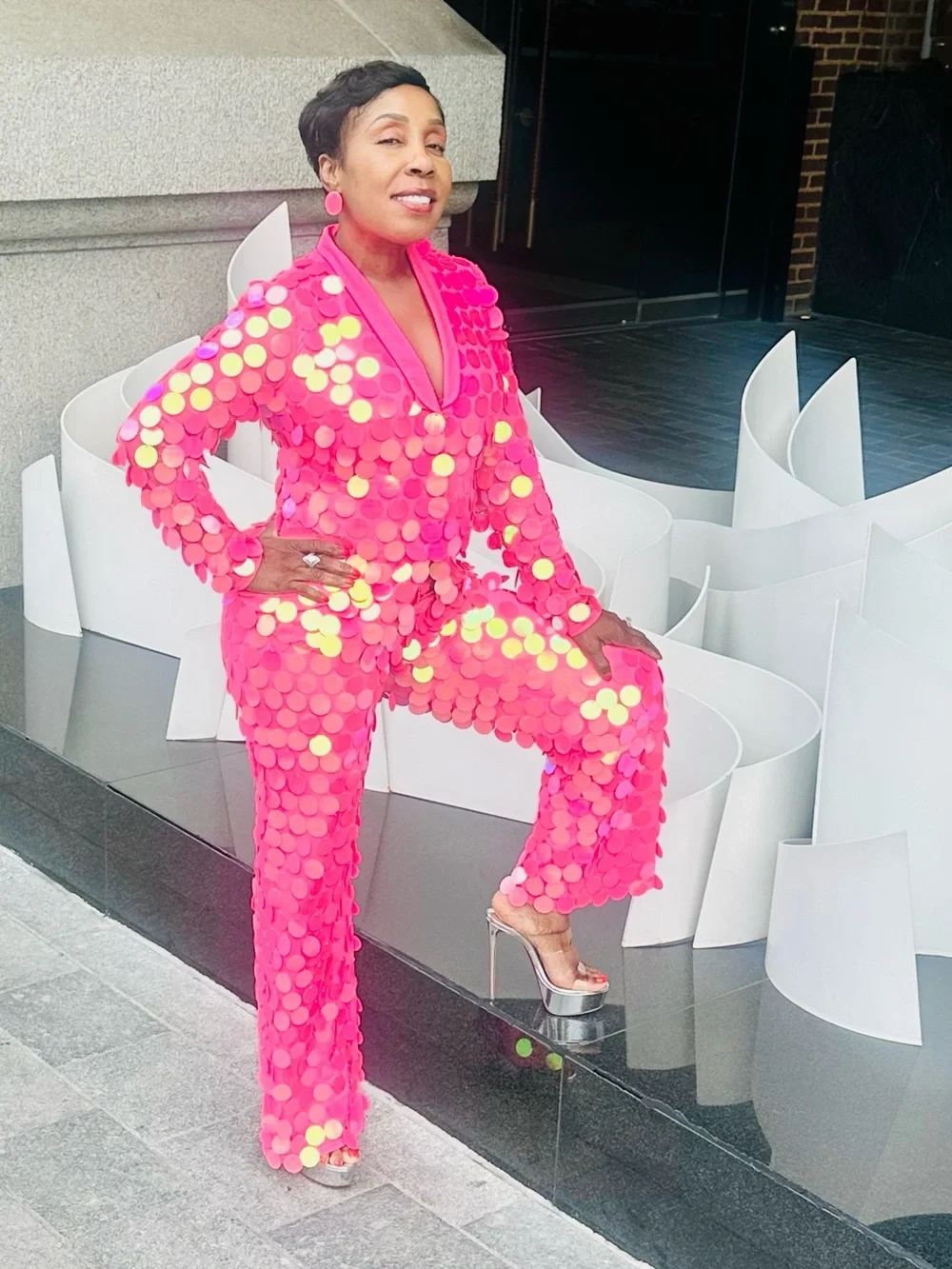Mon Cheri Hot Pink Sequin Dot Jumpsuit - Picture 3 of 4